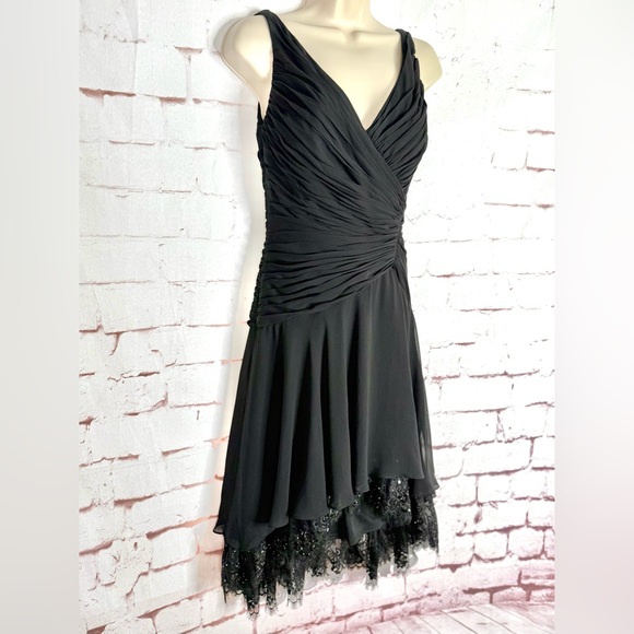 TADASHI S Petite Black Chiffon Pin Tucked Hi Lo Lace Layer Cocktail Party Dress - Picture 1 of 15